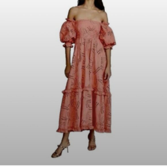 Waimari Belmond Coral Pink Puff Sleeve Eyelet Lace Peasant Maxi Dress Size S - Picture 2 of 9